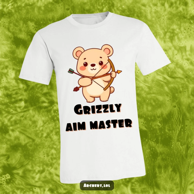 Funny t-shirt featuring a smiling bear proudly holding a bow and arrow. Comfortable and humorous apparel for all ages.