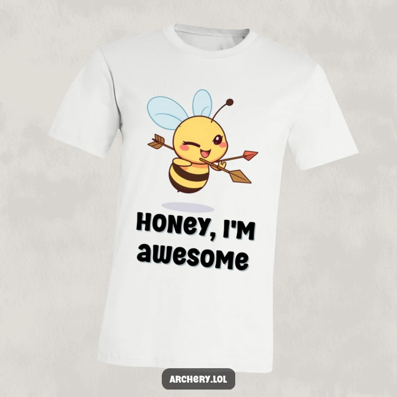Funny Bee Archer T-Shirt: A happy bee squinting with determination while holding a bow and arrow, ready for action.