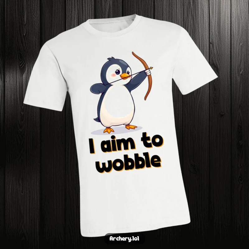 Funny T-Shirt featuring a wobbly penguin in a dramatic archery stance, hilariously aiming for the target.