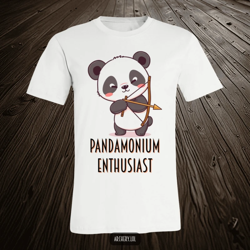 Funny Panda Archer T-Shirt: A silly panda hilariously fumbles with a bow and arrow, ready for action.