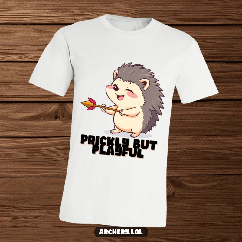 Funny t-shirt featuring a giggling hedgehog drawing back an arrow with focused, playful intensity, showcasing determination and humor.