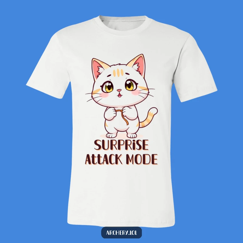 Funny Surprised Cat T-Shirt: Wide-Eyed Archer Feline, Hilarious Gift for Cat Fans