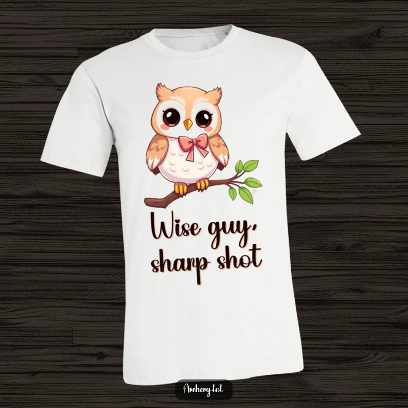 Funny t-shirt showing a playful owl perched on a branch, holding a bow and arrow, ready to shoot with a whimsical expression.