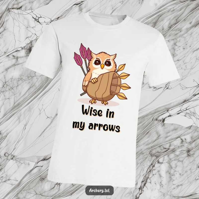 Funny giggling owl t-shirt with a playful owl peeking from a quiver of arrows, a humorous and fun gift.