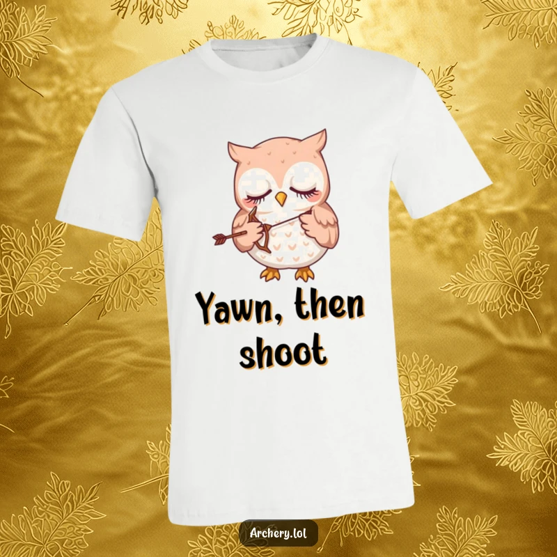 Funny t-shirt graphic of a drowsy owl gently holding a miniature bow and arrow.