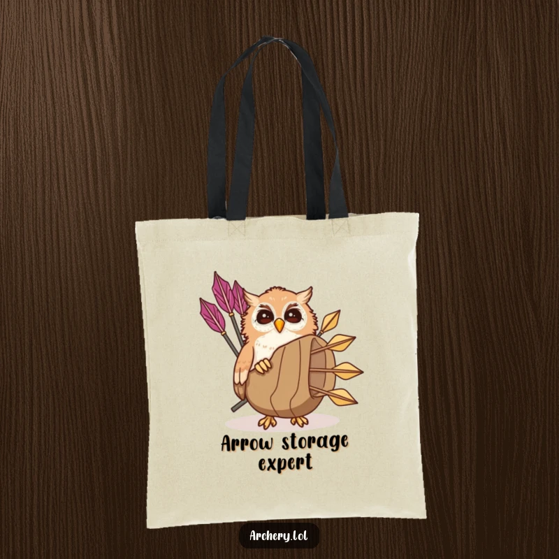 Funny giggling owl tote bag with a playful owl peeking from a quiver of arrows, a humorous and practical gift.