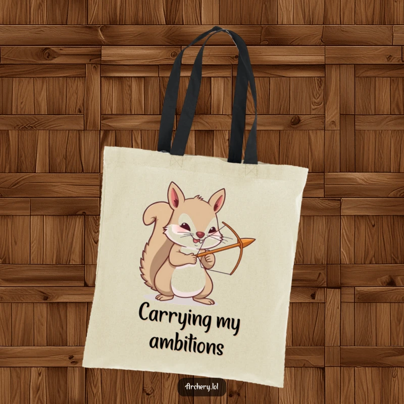 Funny squirrel tote bag, showcasing a determined archer squirrel with a small bow and arrow, ideal for shopping or errands.