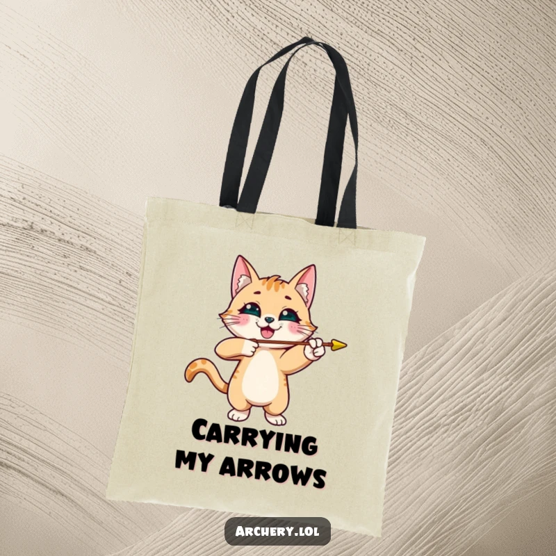 Funny cat archer tote bag featuring a smiling cat with an arrow, practical and humorous gift for shoppers.