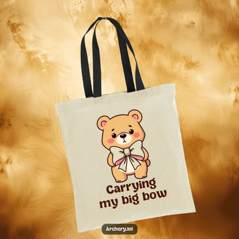 Funny tote bag featuring a determined bear character aiming a large bow, styled for carrying essentials with humorous archer flair.