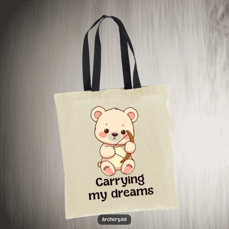 Funny bear cub archer tote bag featuring a focused cub holding a large bow, ideal for humorous carrying.