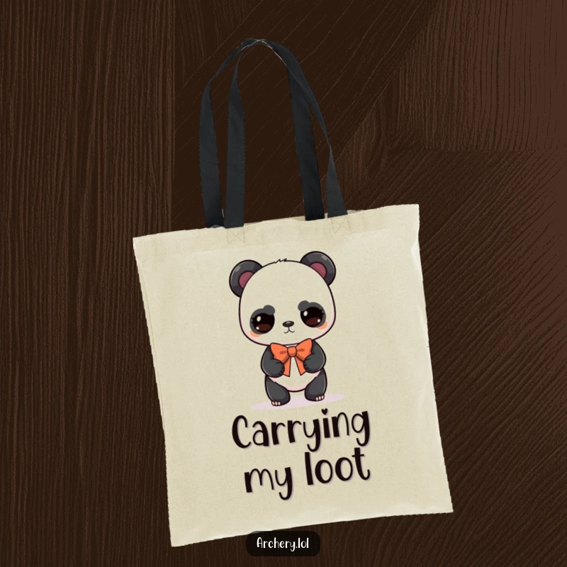 Funny panda archer tote bag with a serious but cute panda balancing a bow, a practical and humorous gift.