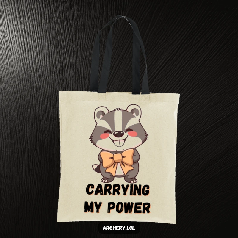 Funny Tote Bag: A grinning badger holding a large bow, looking strong while carrying items.