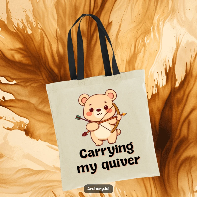 Funny tote bag with a smiling bear proudly holding a bow and arrow. Durable and humorous for shopping or everyday use.