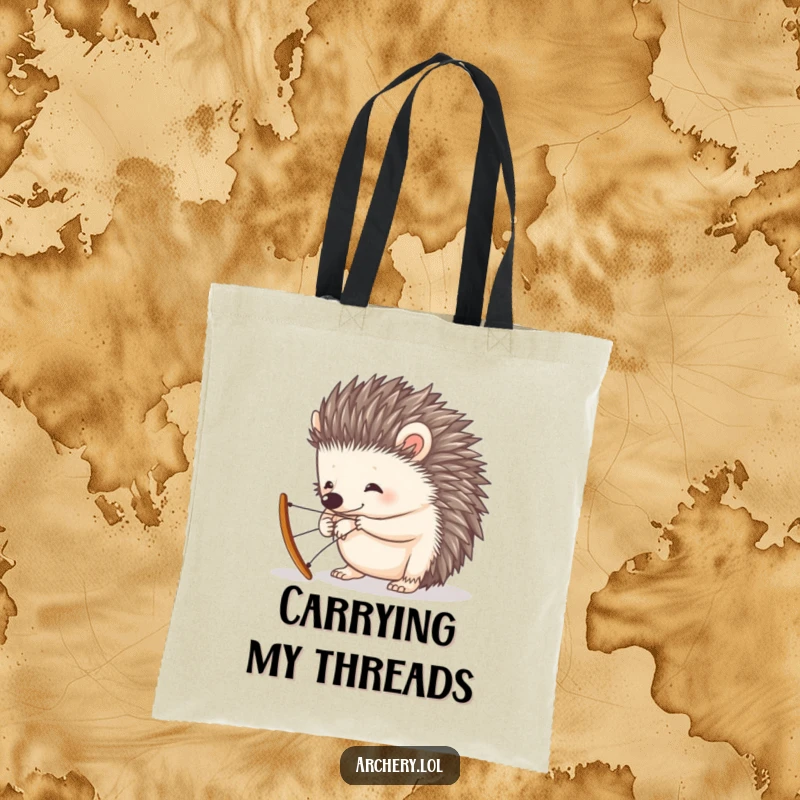 Funny tote bag showing a curious hedgehog trying to tie a tiny bow, a cute and humorous accessory.