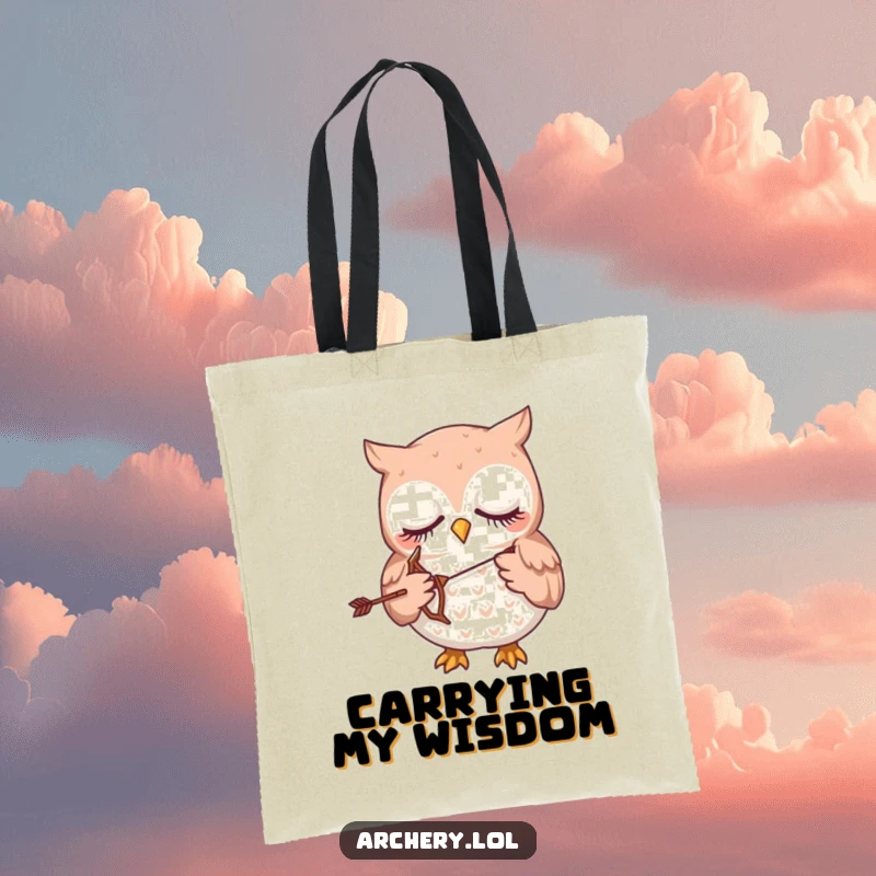 Funny tote bag illustration of a drowsy owl holding a tiny bow and arrow with delicate handling.
