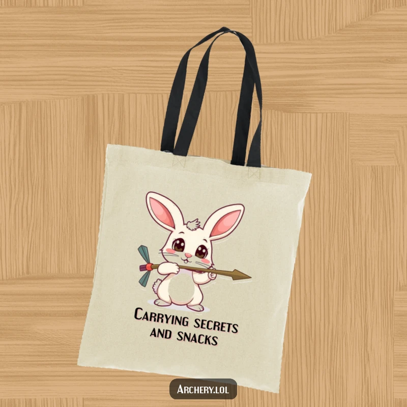Funny timid rabbit tote bag, wide curious eyes, aiming an arrow with caution, cute and practical for carrying.