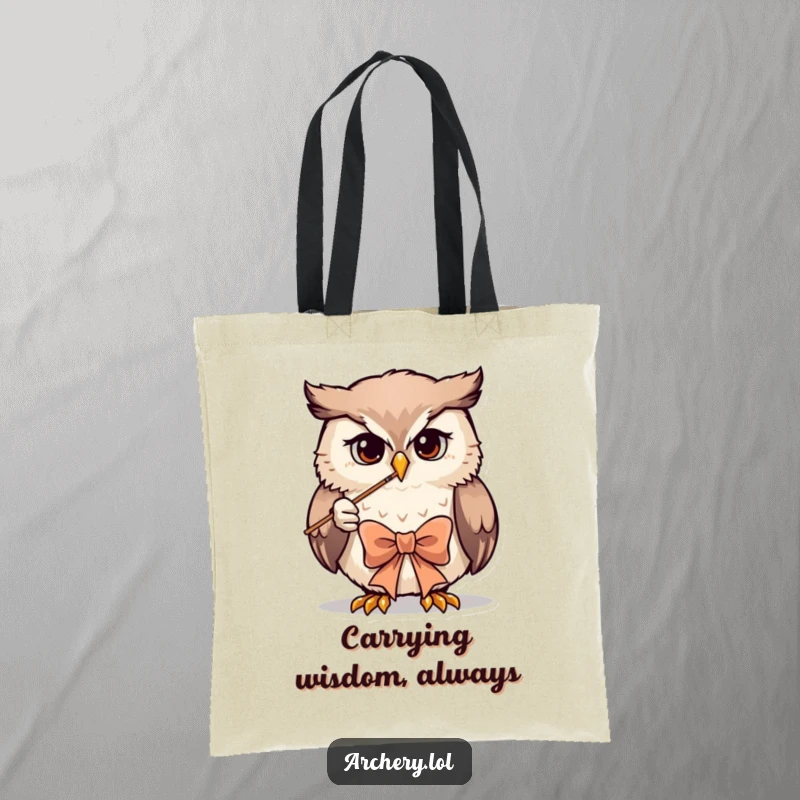 Funny owl archer tote bag with a determined owl drawing a bow, ideal for carrying essentials humorously.