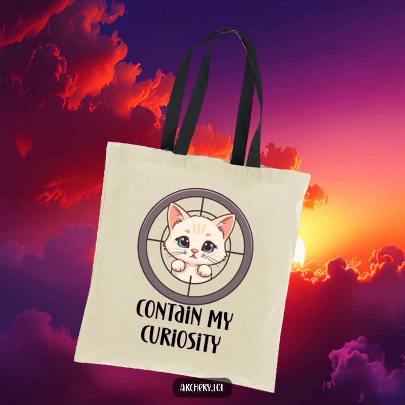 Funny Cat Target Tote Bag: A curious cat peeking from behind a target, carrying humor and essentials.