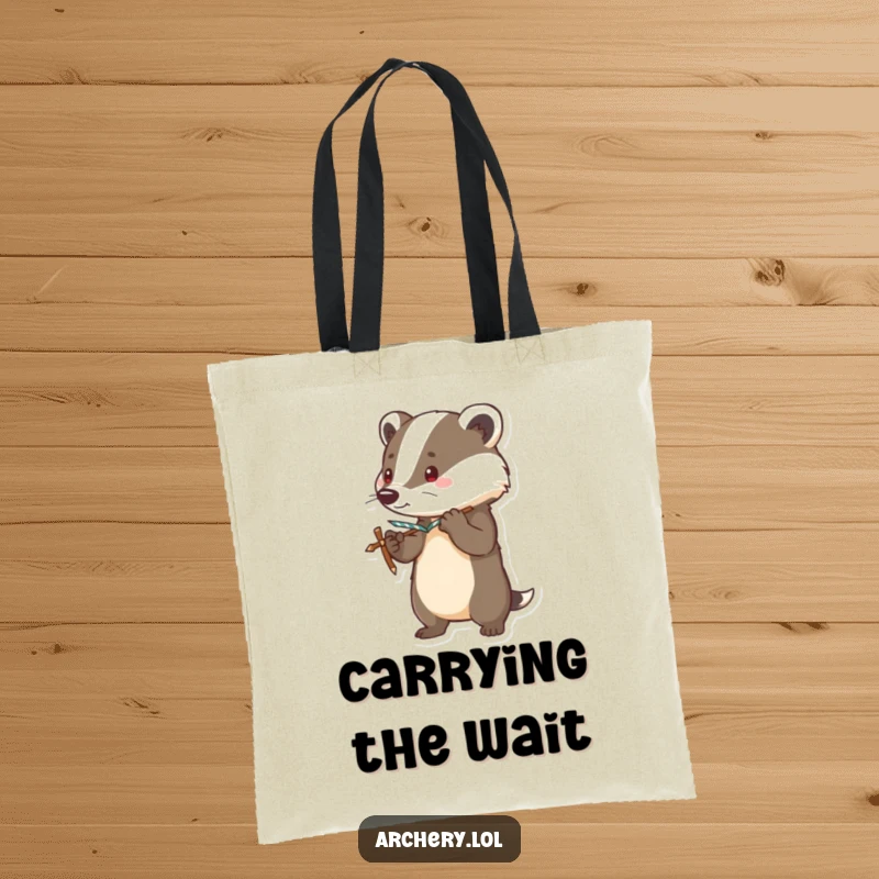Funny tote bag showcasing a brave badger standing alert, bow drawn taut, ready for action with a courageous, humorous vibe.