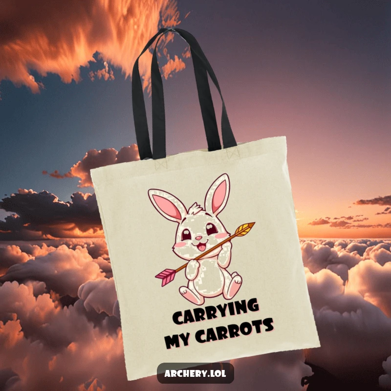 Funny bunny archer tote bag featuring a cheerful bunny nocking an arrow, ideal for humorous carrying.