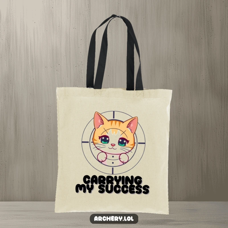 Funny tote bag with a curious cat behind a target after shooting. Practical and humorous for everyday use.