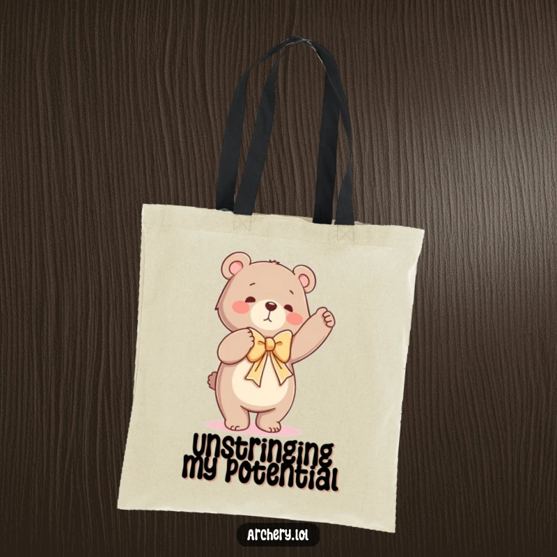 Funny tote bag showcasing a dancing bear exerting maximum effort to draw a large bow, a humorous depiction of struggle.