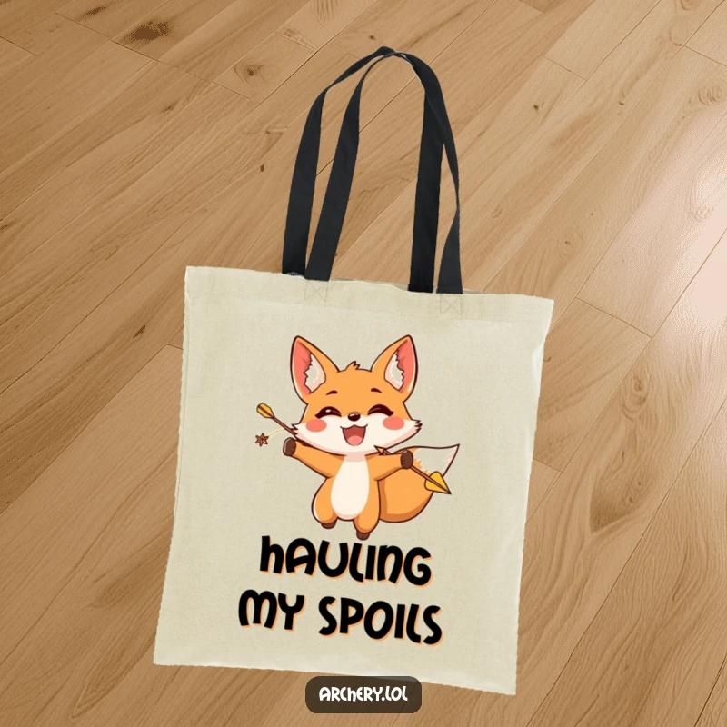 Funny fox archer tote bag featuring a triumphant fox releasing an arrow, ideal for humorous carrying.