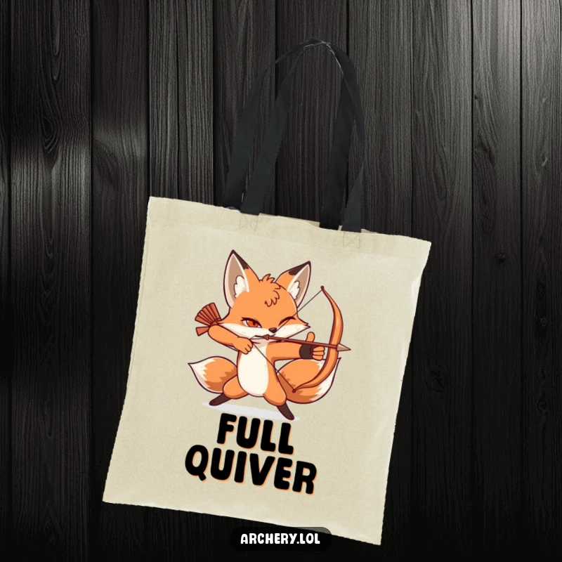 Funny tote bag featuring a winking fox in a dynamic archery pose, ready for action.