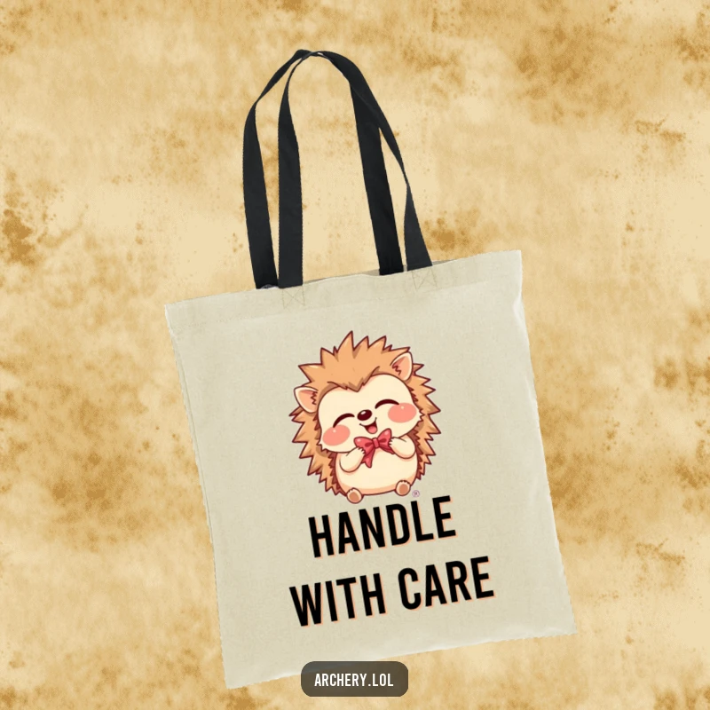Funny Tote Bag with a giggling hedgehog holding a bow, perfect for carrying essentials with a smile.