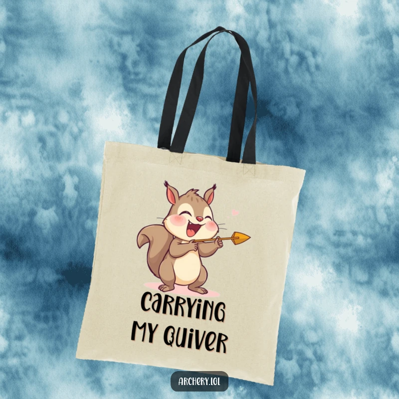 Funny tote bag featuring a giggling squirrel happily releasing an arrow, ideal for a humorous and practical gift.