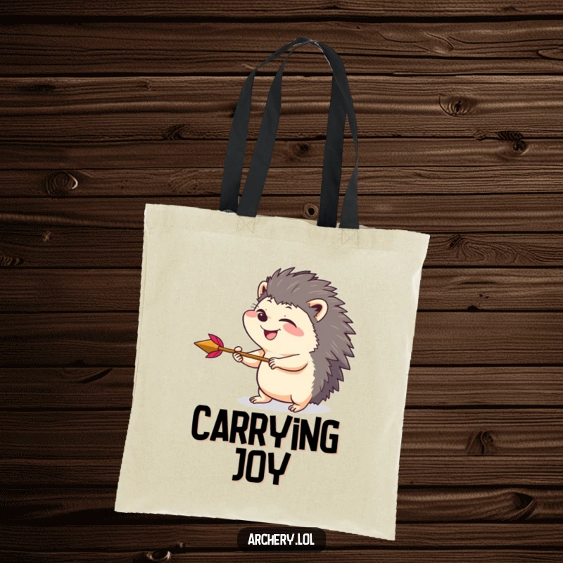 Funny tote bag with a giggling hedgehog drawing back an arrow with playful intensity, ideal for carrying essentials with a dose of humor.