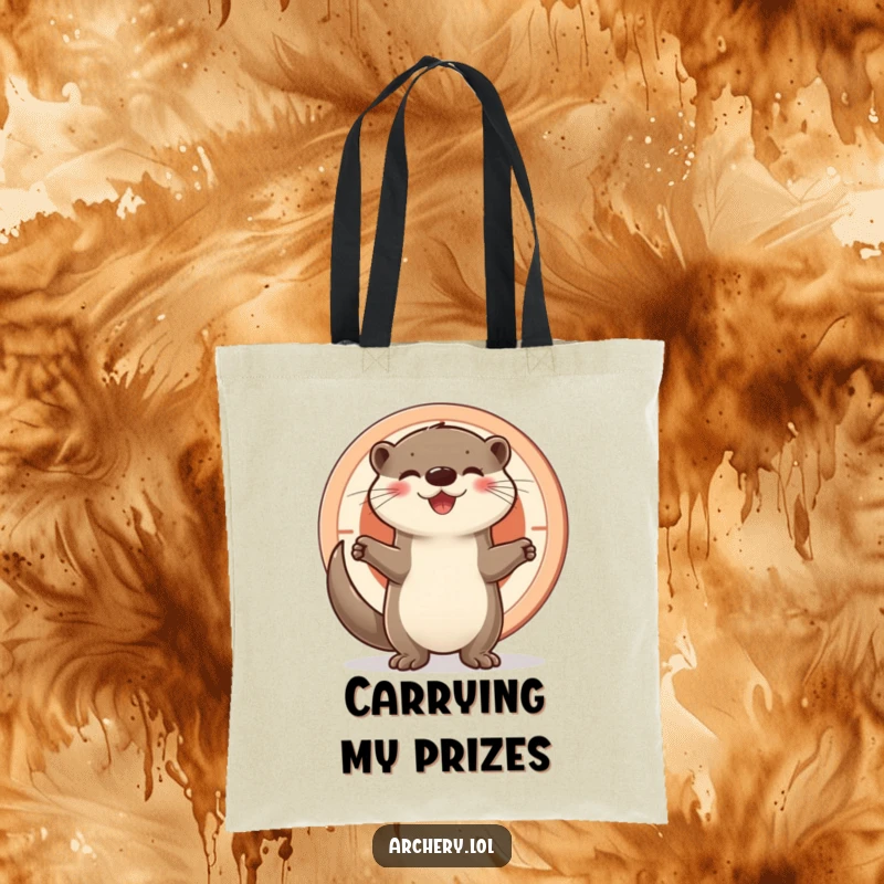 Funny otter tote bag, featuring a joyful otter standing proudly beside a target, showcasing accomplishment and a cheerful spirit.