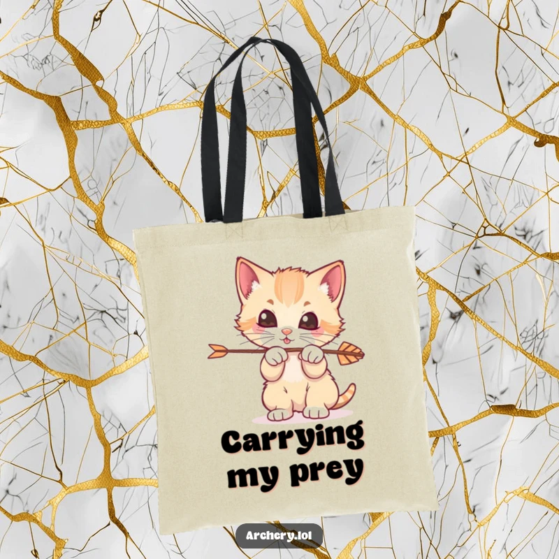Funny Kitten Archer Tote Bag: A charming tote bag displaying a playful kitten attempting to bat at an arrow.