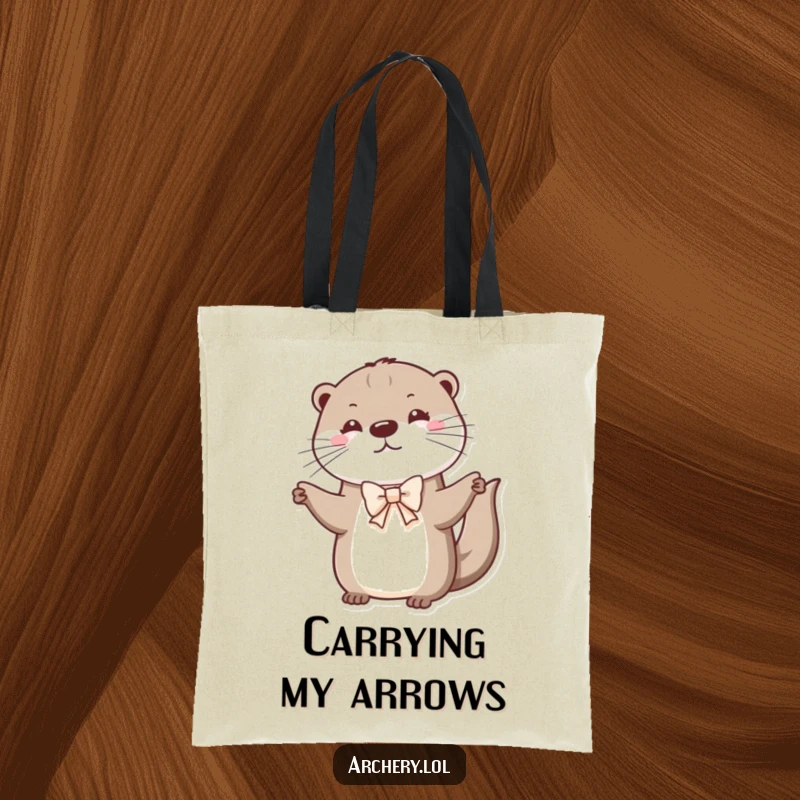 Funny otter tote bag depicting a small otter practicing archery with a tiny bow, a cute and humorous carry-all.