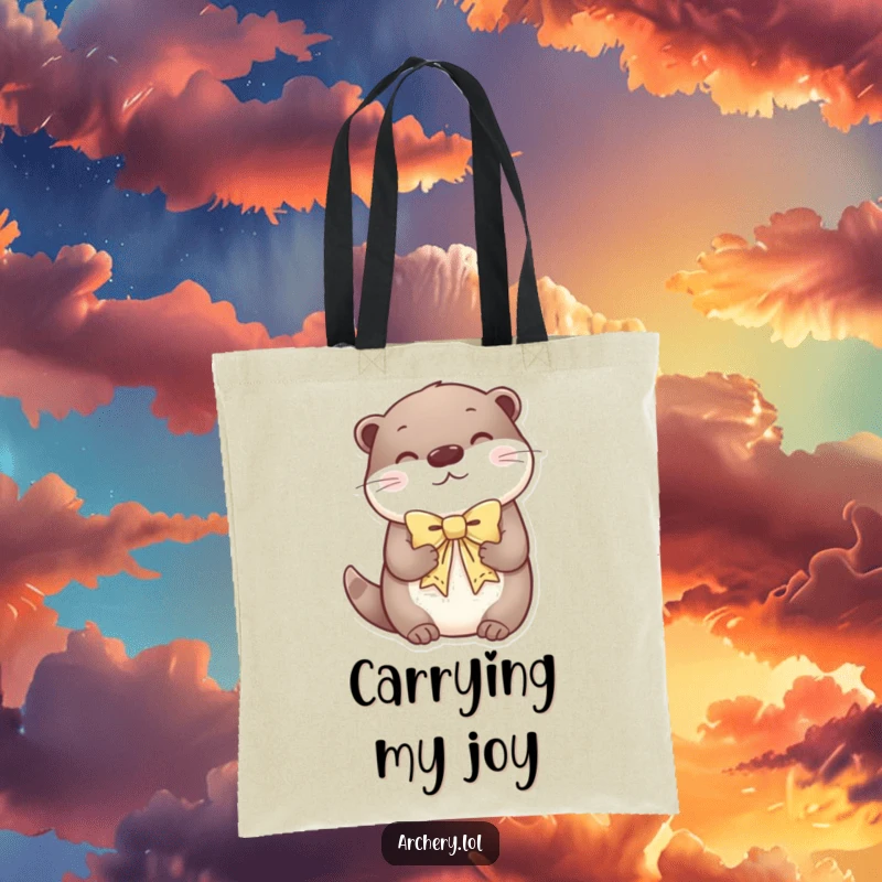 Funny tote bag showing a content otter holding a decorative bow, radiating peacefulness and calm.