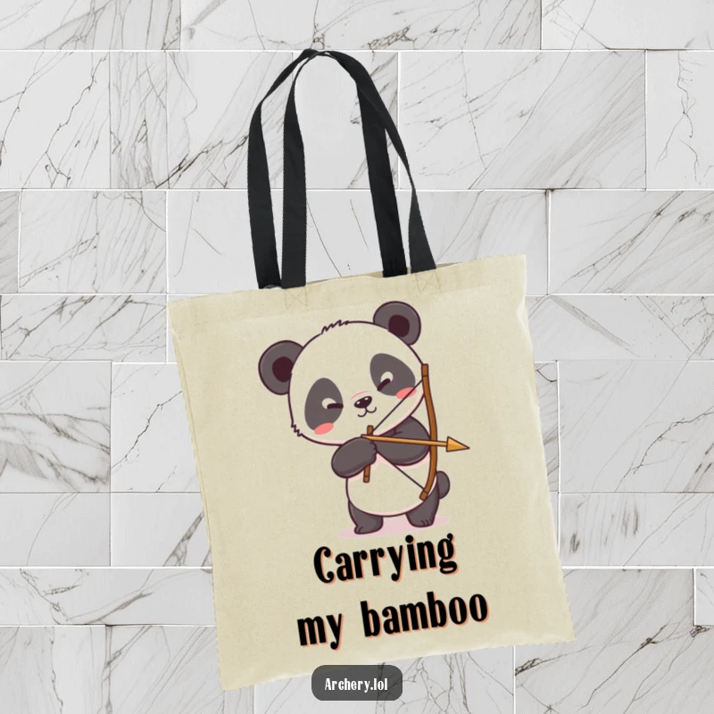 Funny Panda Archer Tote Bag: A silly panda attempts to hold a bow and arrow, perfect for carrying essentials humorously.