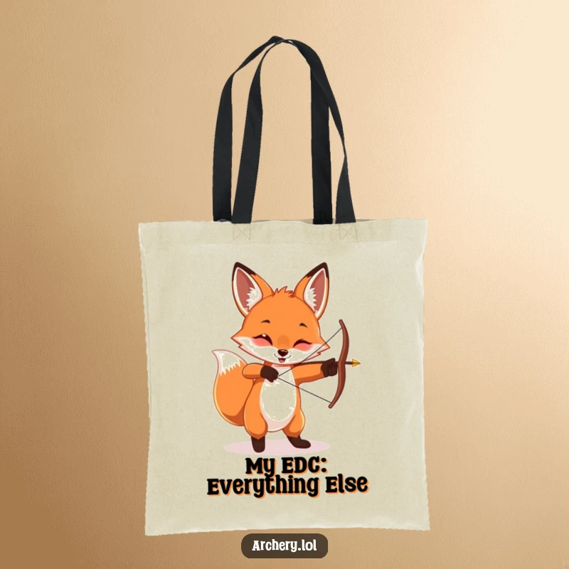 Funny playful fox tote bag, twirling a bow and arrow with a sly look, perfect for shopping.