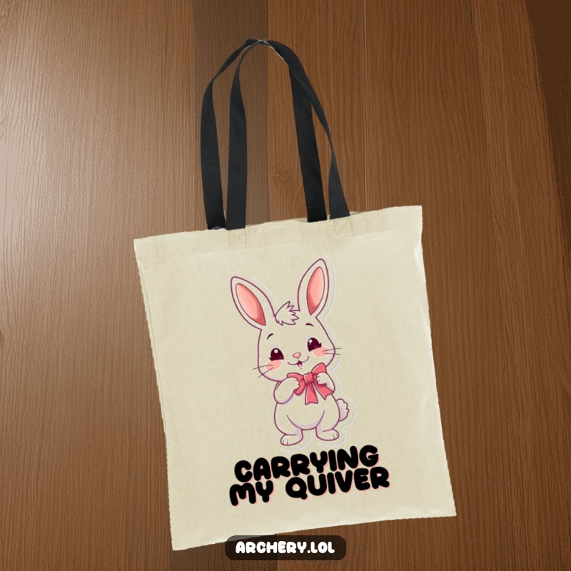 Funny rabbit archer tote bag with a cheerful, smirking bunny drawing a bow, great for shopping and everyday use.
