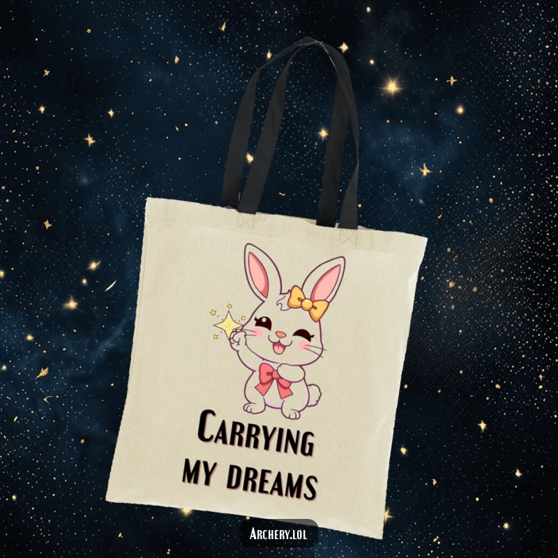 Funny tote bag featuring a cheerful rabbit aiming a sparkly bow, designed for carrying essentials with a dose of playful humor.
