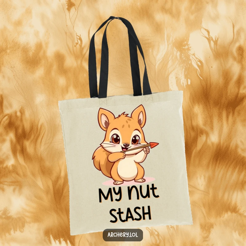 Funny squirrel archer tote bag with a happy squirrel aiming an arrow, wide determined eyes, perfect for everyday use.