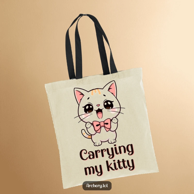 Funny tote bag illustration of a focused cat with determined whiskers, drawing a bow with great concentration.