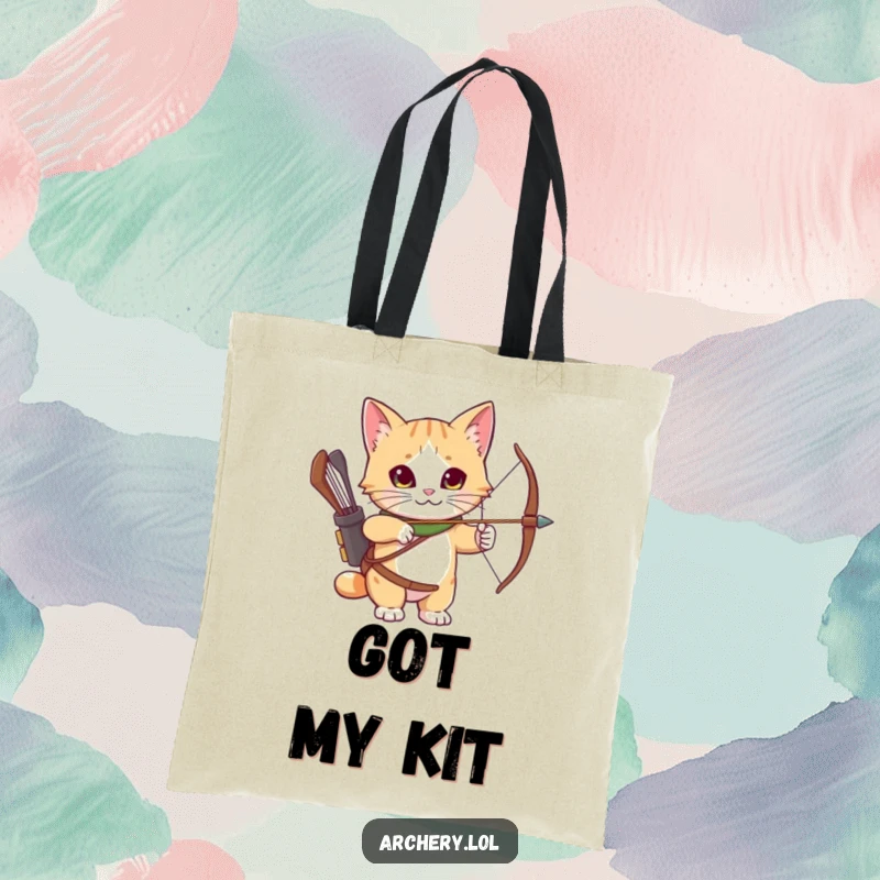 Funny Tote Bag: A curious cat wearing an archery quiver, looking ready for adventure and carrying items.