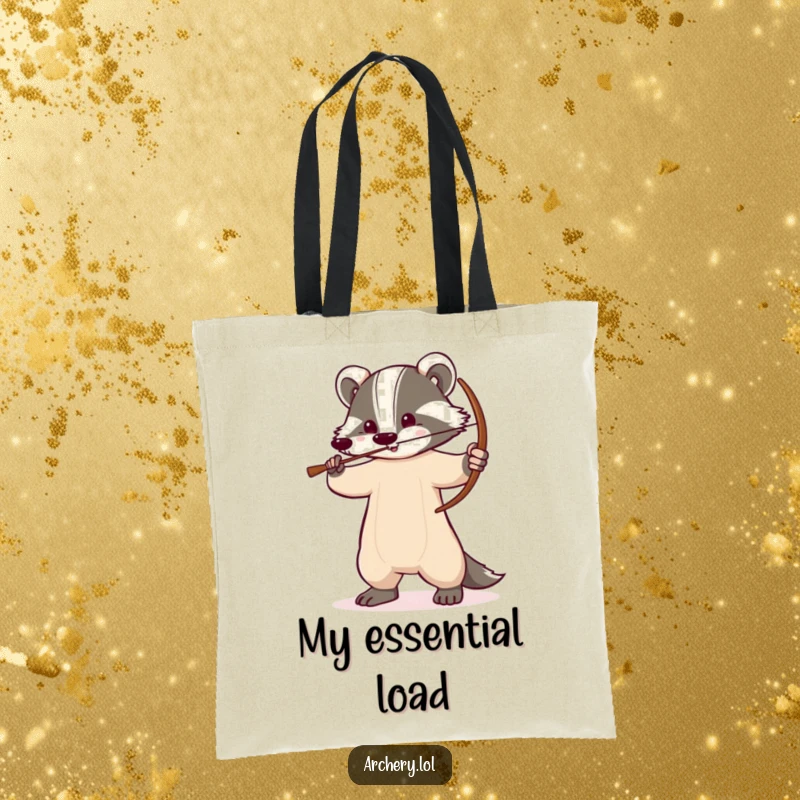 Funny badger tote bag depicting a determined badger with a drawn bow, a humorous and functional carry-all.