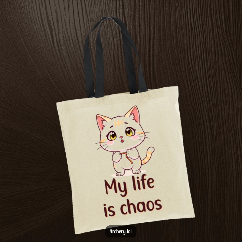 Funny Surprised Cat Tote Bag: A surprised cat with wide eyes is shown pulling back a bowstring, ready to carry items.
