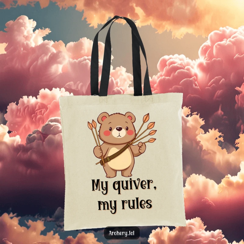 Funny bear tote bag showing a proud bear carrying a quiver of arrows, a stylish and humorous accessory.