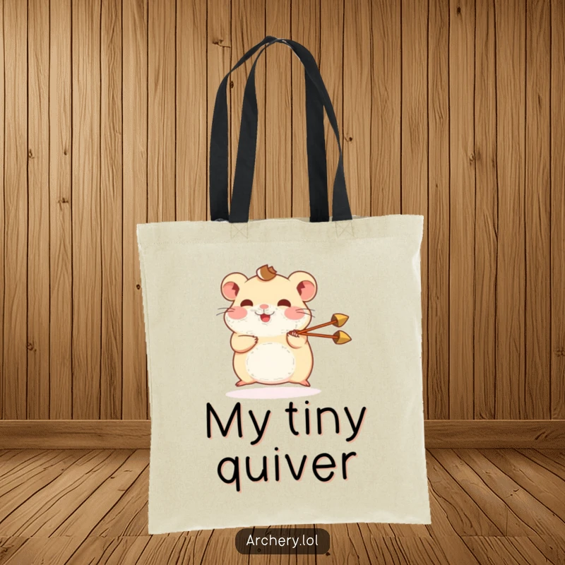 Funny hamster tote bag depicting a small hamster shooting a miniature arrow, a cute and humorous carry-all.