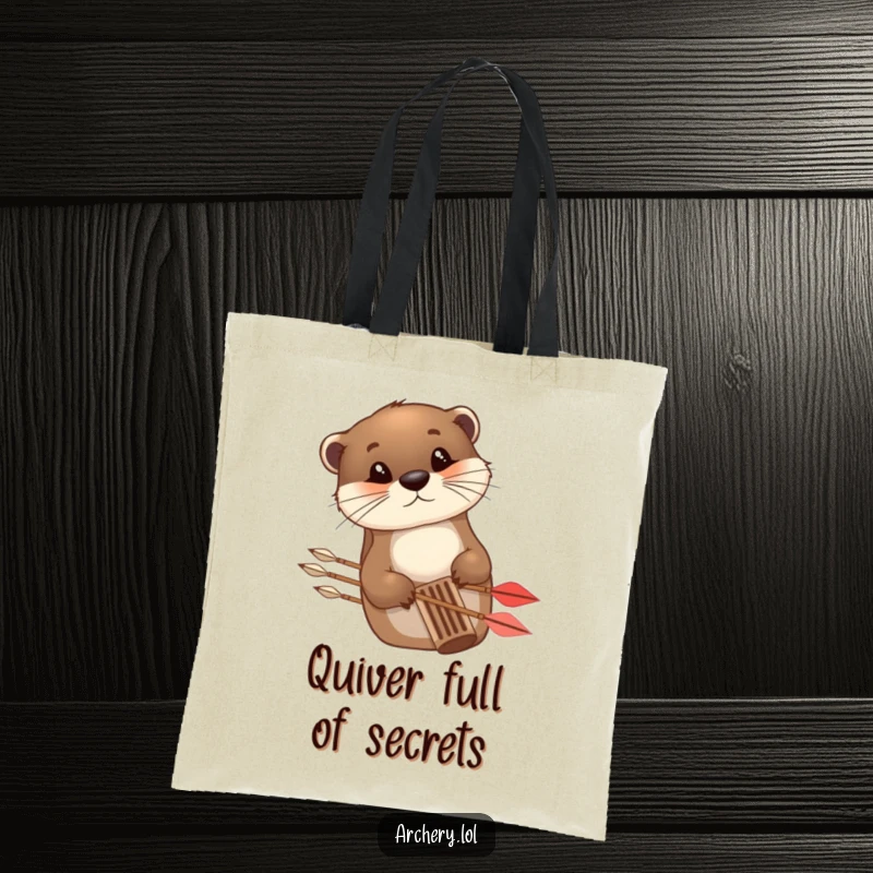 Funny Tote Bag featuring a curious otter peeking from behind an arrow quiver, ideal for carrying archery gear.